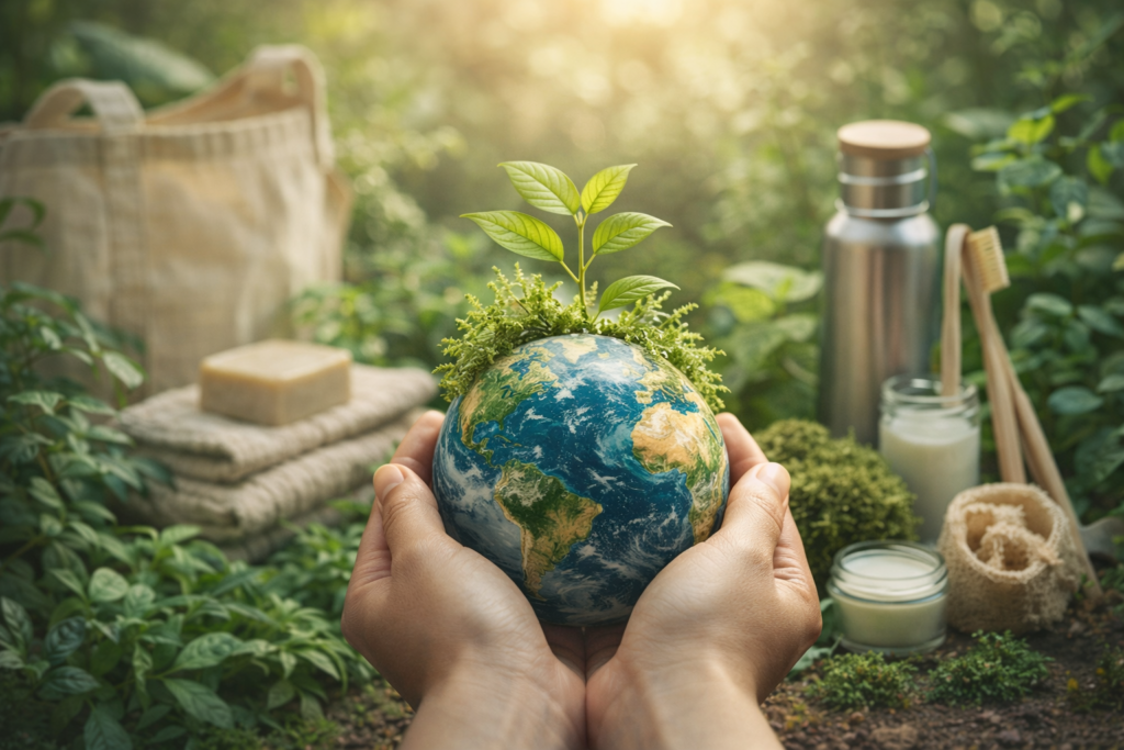 Produtos ecológicos: mãos segurando o planeta com broto simbolizando cuidado com o meio ambiente e consumo sustentável