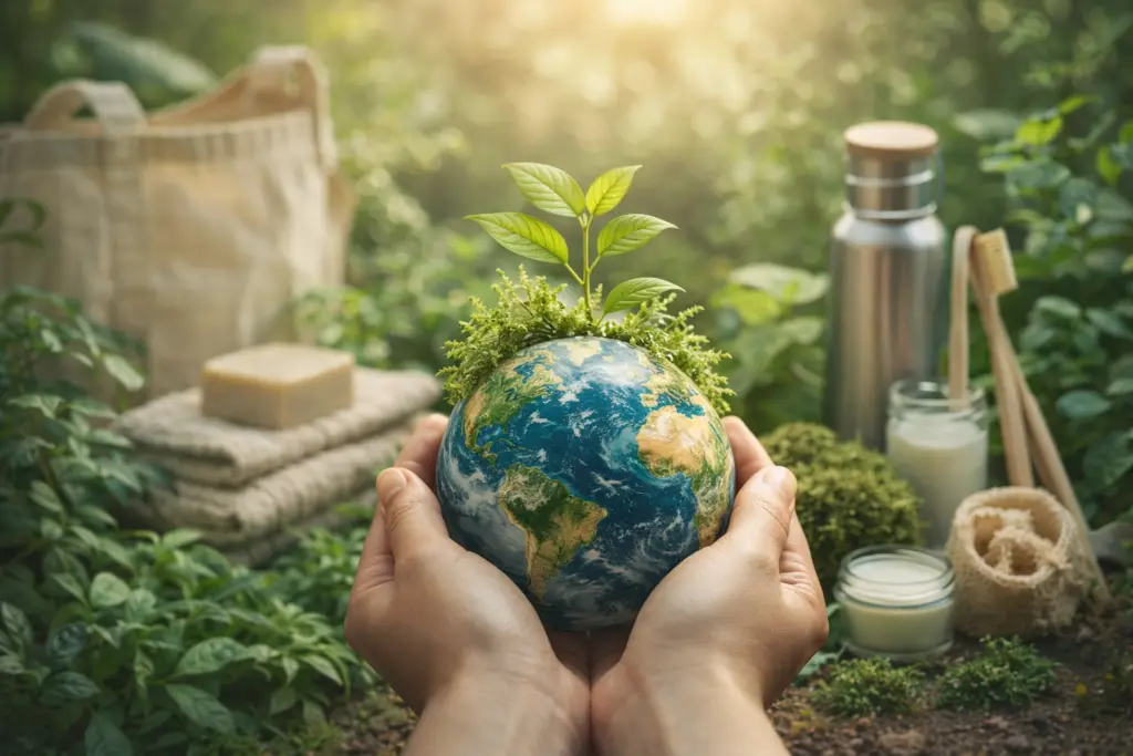 Produtos ecológicos: mãos segurando o planeta com broto simbolizando cuidado com o meio ambiente e consumo sustentável