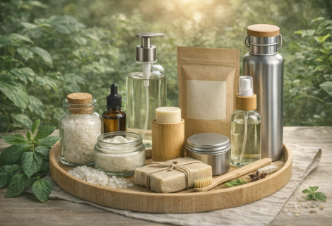 produtos ecológicos em embalagens de vidro, inox e papel kraft sobre mesa de madeira em ambiente natural