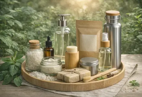 produtos ecológicos em embalagens de vidro, inox e papel kraft sobre mesa de madeira em ambiente natural