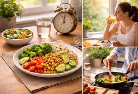 Horários e qualidade das refeições: a importância da regularidade para a saúde | Benverde Horários e qualidade das refeições: prato vegetariano equilibrado com grãos, legumes e vegetais frescos, representando horários regulares e alimentação saudável