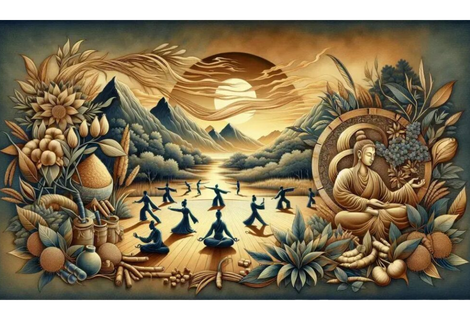 Rituais da Ásia antiga: praticantes de meditação e movimentos rituais em paisagem natural, simbolizando o equilíbrio entre corpo, mente e energia na Ásia Antiga.