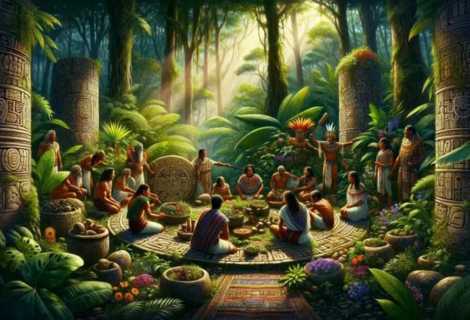 Conselho espiritual dos povos maias em ritual de cura com plantas medicinais em círculo sagrado na floresta