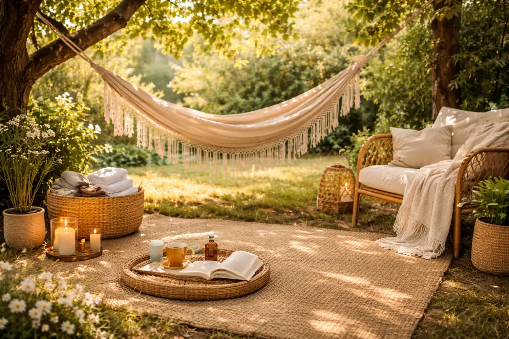Rotina de autocuidado em ambiente natural e acolhedor