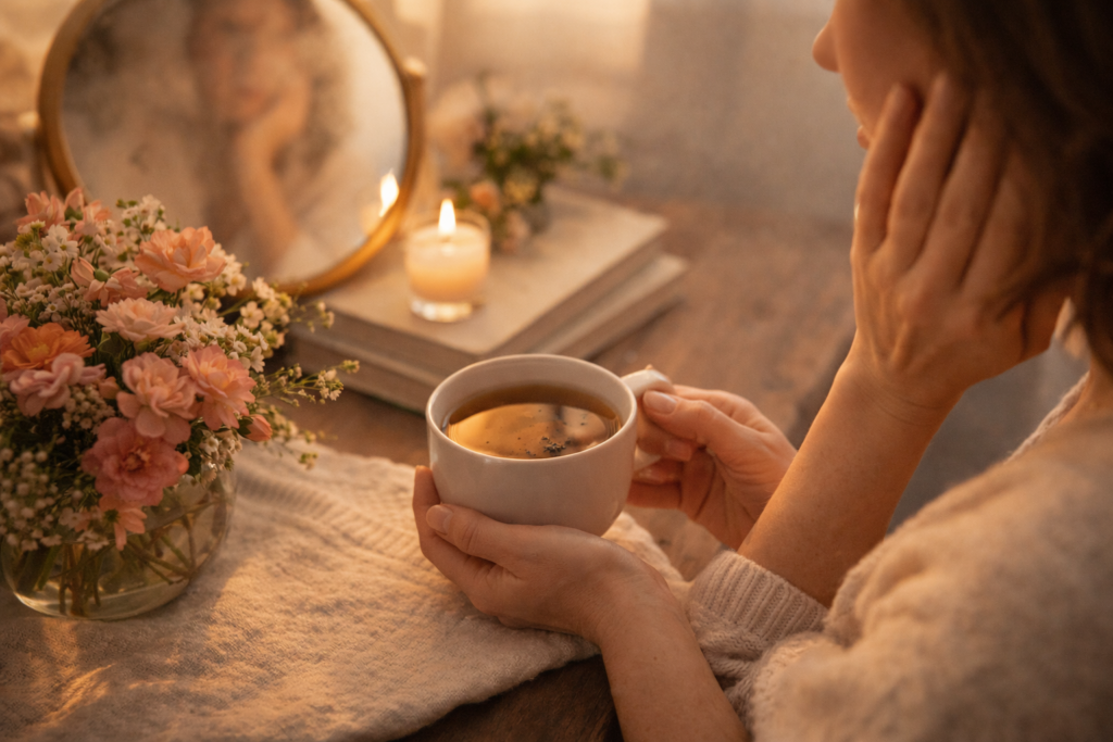 Autocuidado e autoestima: mãos segurando uma xícara de chá diante do espelho com flores e vela, simbolizando autocuidado, autoestima e acolhimento emocional