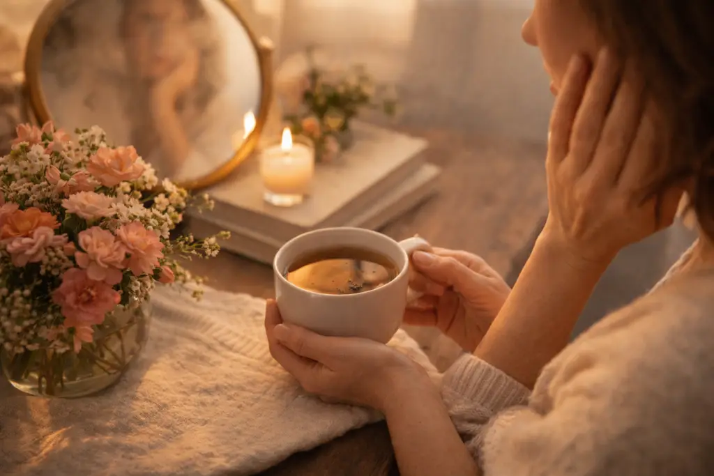 Autocuidado e autoestima: mãos segurando uma xícara de chá diante do espelho com flores e vela, simbolizando autocuidado, autoestima e acolhimento emocional