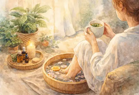 Rotina de autocuidado: ritual de autocuidado com escalda-pés, chá quente, óleos essenciais e plantas em ambiente acolhedor
