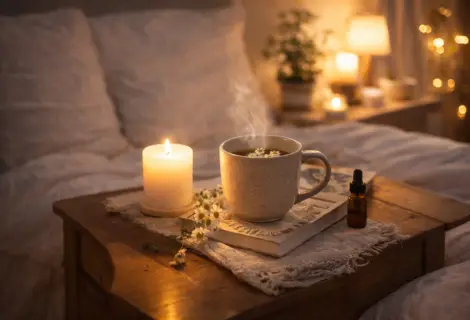 Rotina noturna: xícara de chá com vela acesa em mesa ao lado da cama, ambiente noturno calmo para rotina do sono