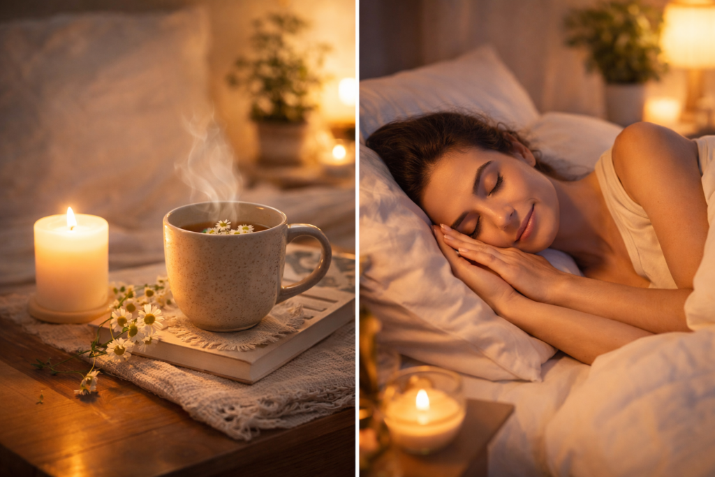Rotina noturna: chá de camomila com vela ao lado da cama e pessoa dormindo tranquilamente, simbolizando rotina noturna e sono profundo