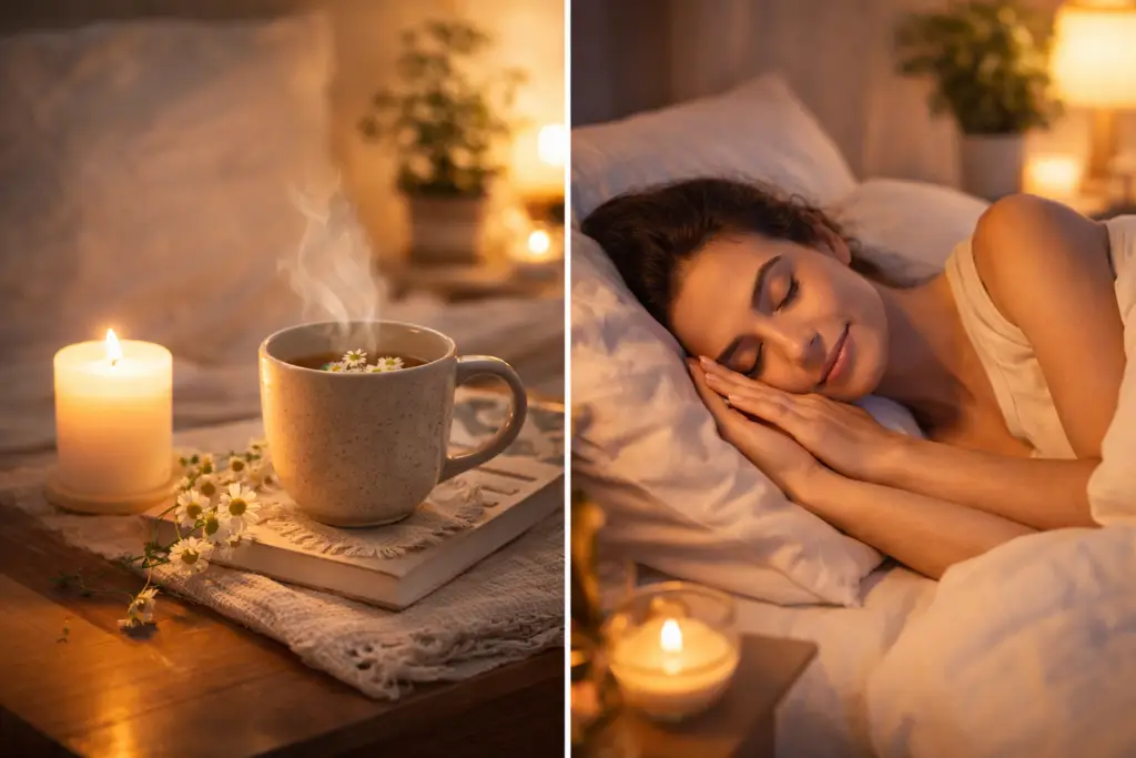Rotina noturna: chá de camomila com vela ao lado da cama e pessoa dormindo tranquilamente, simbolizando rotina noturna e sono profundo