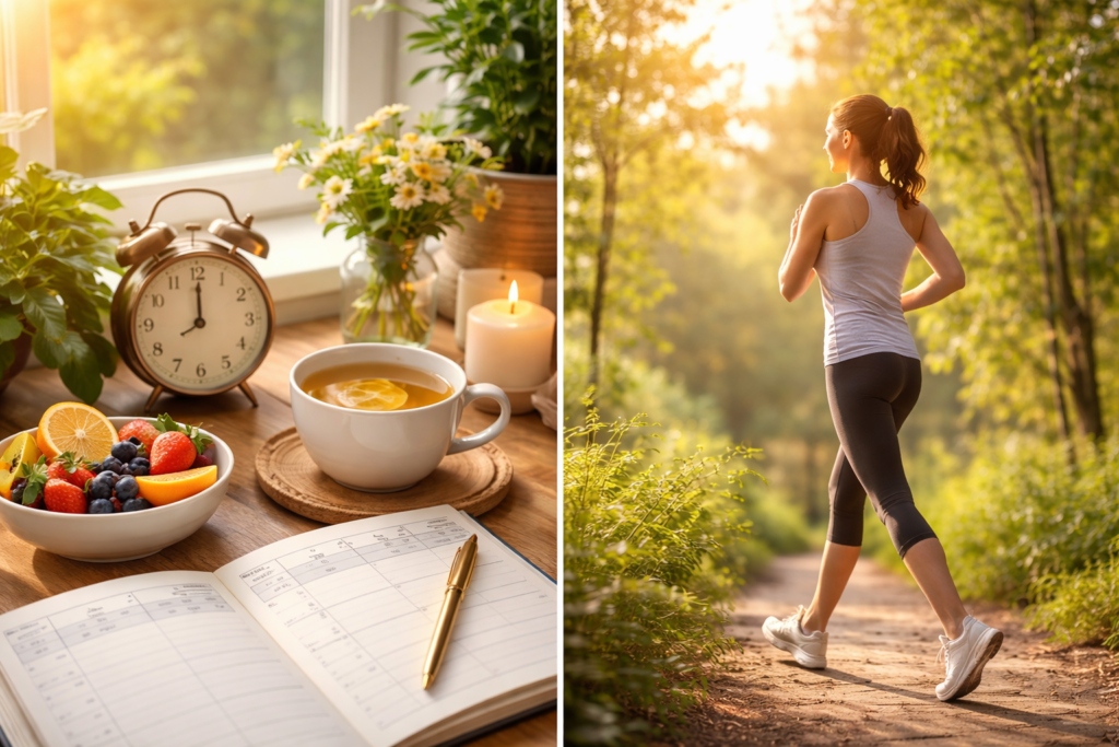 Rotinas saudáveis: como criar hábitos que fortalecem corpo, mente e bem-estar | Benverde Rotinas saudáveis: mesa com chá, frutas, agenda e relógio à luz do sol simbolizando rotina saudável e equilíbrio diário