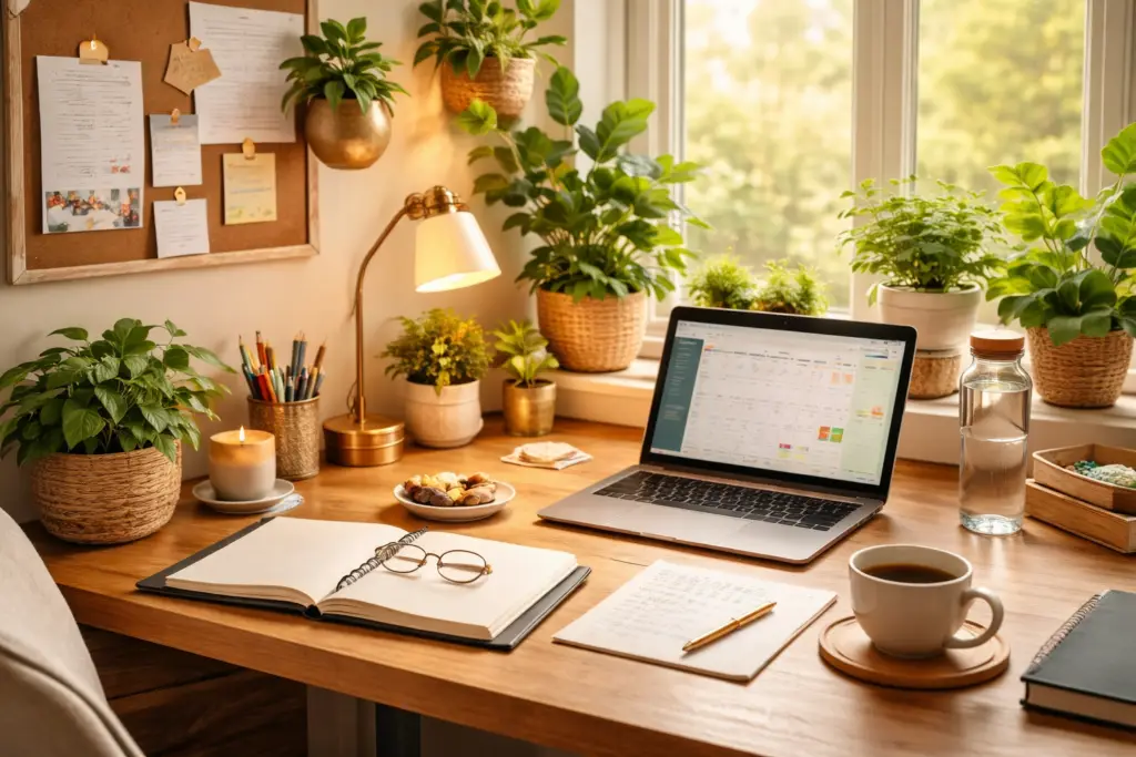 Rotinas saudáveis: escritório com mesa organizada, plantas, caderno e luz natural simbolizando rotina saudável e equilíbrio no trabalho