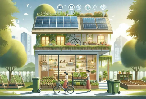 Vida sustentável: casa sustentável com painéis solares, horta doméstica, bicicletas e práticas de vida ecológica no dia a dia