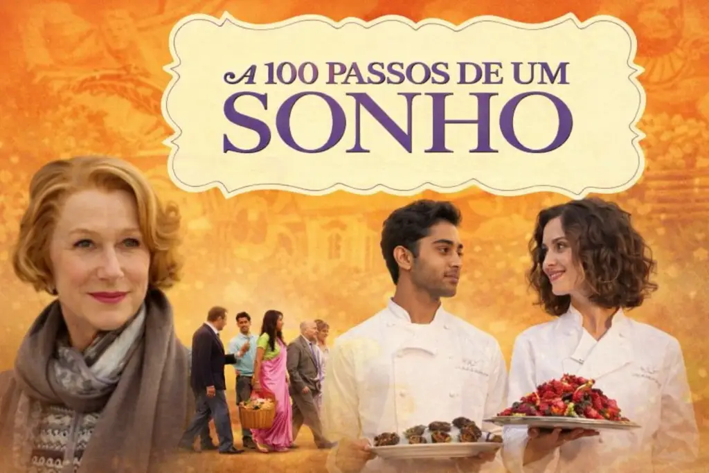 Arte inspirada no filme A 100 Passos de Um Sonho, em formato horizontal, com personagens, chefs e elementos visuais que remetem à cultura, gastronomia e encontro de tradições.