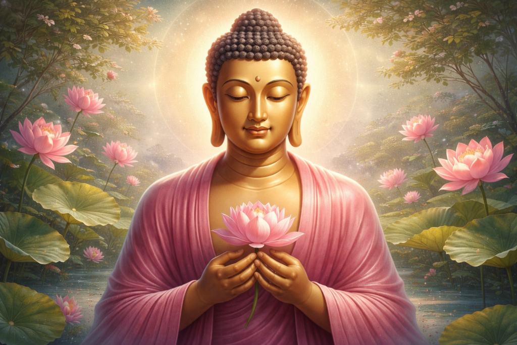 Representação de Buda segurando a flor de lótus ao coração, símbolo de iluminação, renascimento espiritual e sabedoria interior.
