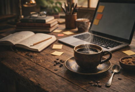 Café: benefícios, preparo e o poder energizante da bebida que desperta o mundo | Benverde Xícara de café fumegante sobre mesa de madeira com livros abertos e computador, em ambiente de estudo