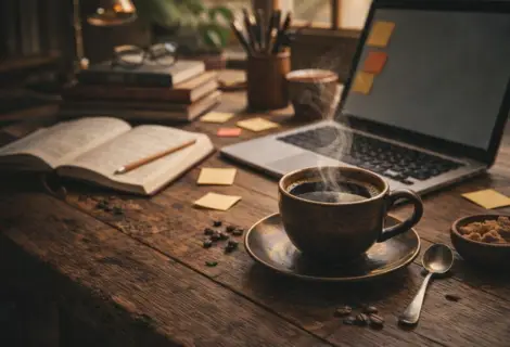 Xícara de café fumegante sobre mesa de madeira com livros abertos e computador, em ambiente de estudo