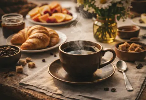 Xícara de café quente em mesa posta, com utensílios e luz natural entrando pela janela