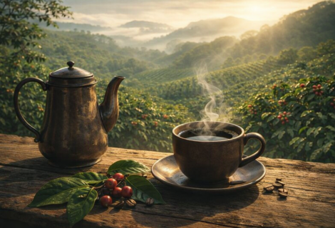 Xícara de café fumegante sobre mesa rústica, com plantação de café ao fundo e luz suave da manhã