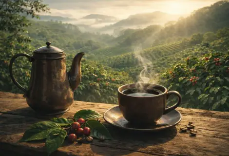 Xícara de café fumegante sobre mesa rústica, com plantação de café ao fundo e luz suave da manhã