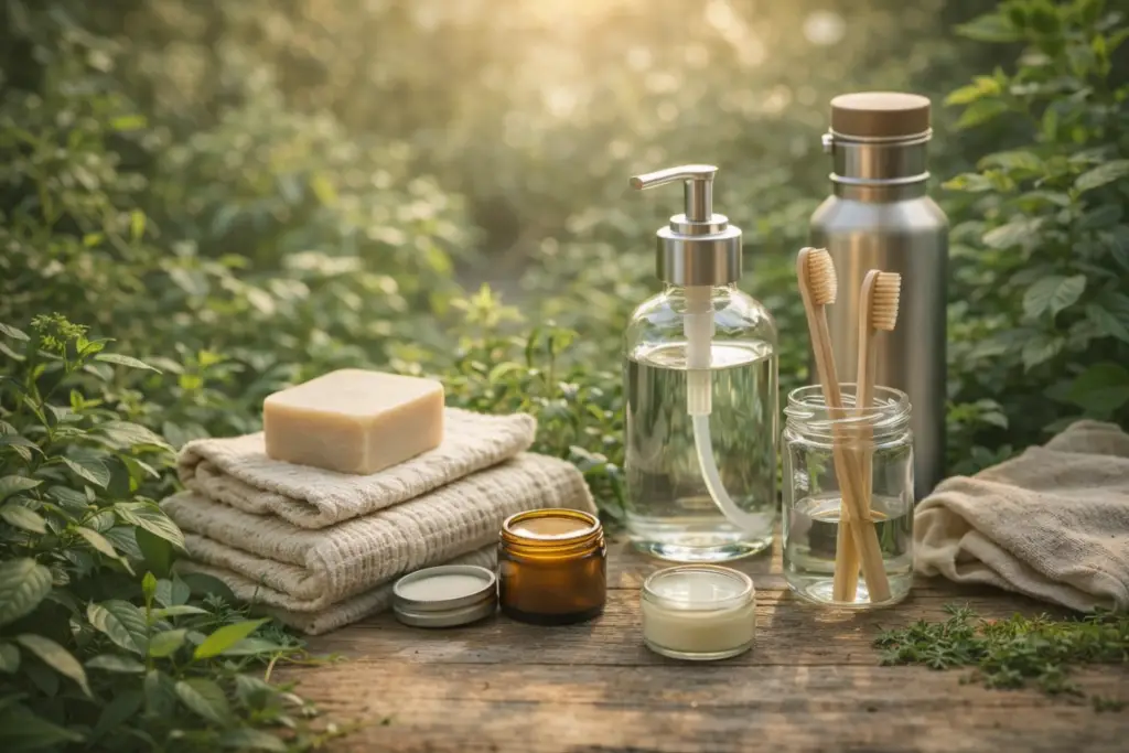 Produtos ecológicos naturais organizados com plantas e luz suave em ambiente acolhedor