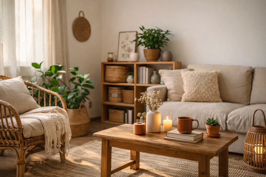 Vida Sustentável na Prática: sala acolhedora com plantas, luz natural e decoração sustentável