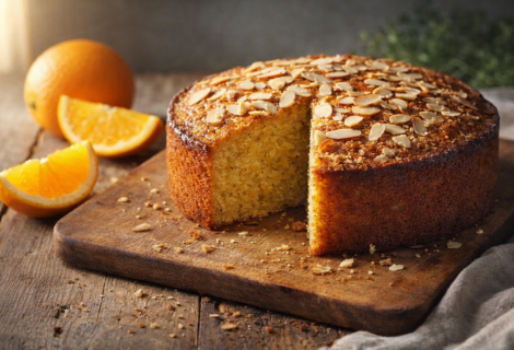 Bolo úmido de amêndoas e laranja sem farinha de trigo, servido de forma simples e natural