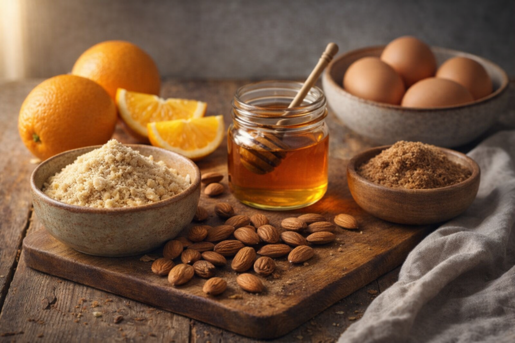 Ingredientes naturais para preparo de bolo úmido de amêndoas e laranja