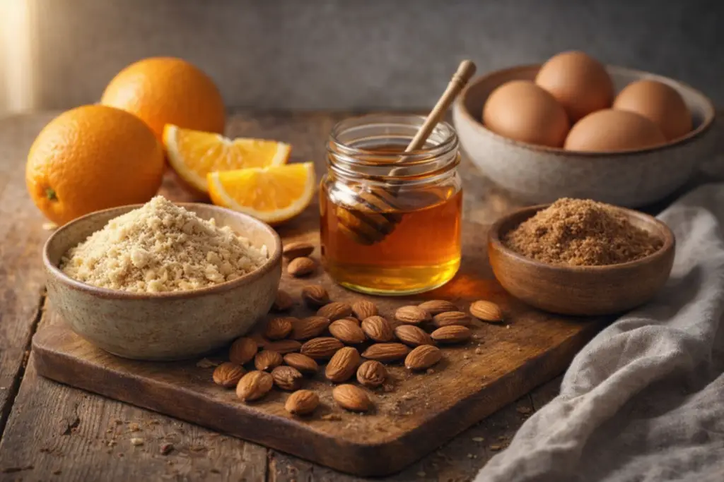 Ingredientes naturais para preparo de bolo úmido de amêndoas e laranja