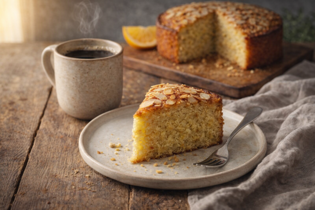 Fatia de bolo úmido de amêndoas e laranja servida com café em mesa rústica