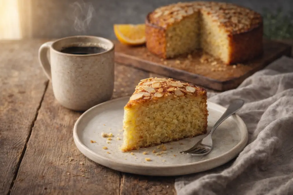Fatia de bolo úmido de amêndoas e laranja servida com café em mesa rústica