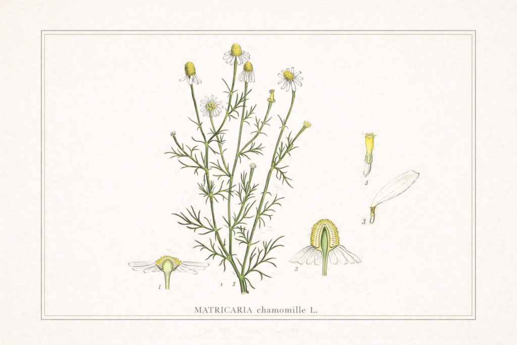 Gravura botânica de Matricaria chamomilla (camomila) por Carl Axel Magnus Lindman mostrando flores, folhas e estrutura da planta medicinal.