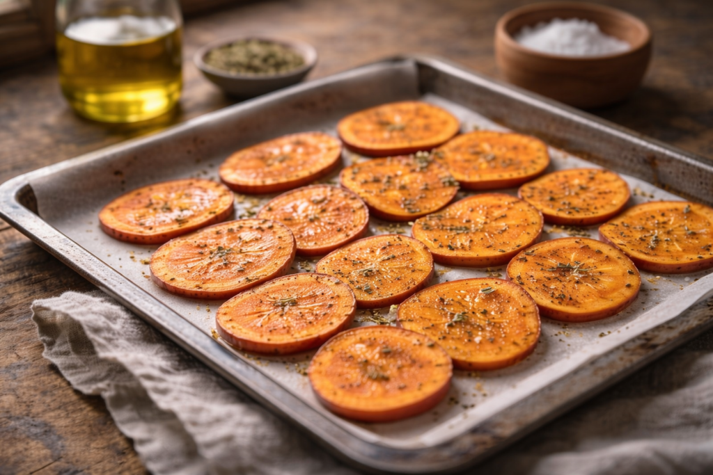 Chips de batata-doce: fatias de batata-doce crua temperadas com azeite e ervas dispostas em assadeira para assar