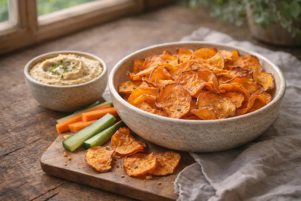 Chips de batata-doce assada servidos com patê vegetal e legumes frescos em mesa rústica iluminada por luz natural