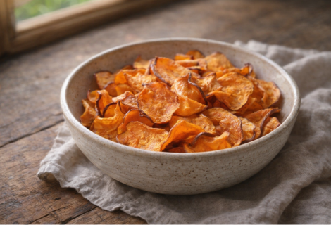 Chips de batata-doce assada servidos em tigela de cerâmica sobre mesa de madeira com luz natural
