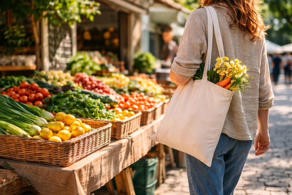 Vida Sustentável na Prática: Pessoa comprando alimentos frescos em feira local como prática de consumo consciente