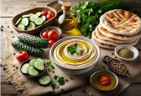 ngredientes naturais para preparo de homus de grão-de-bico com azeite, grãos e ervas frescas
