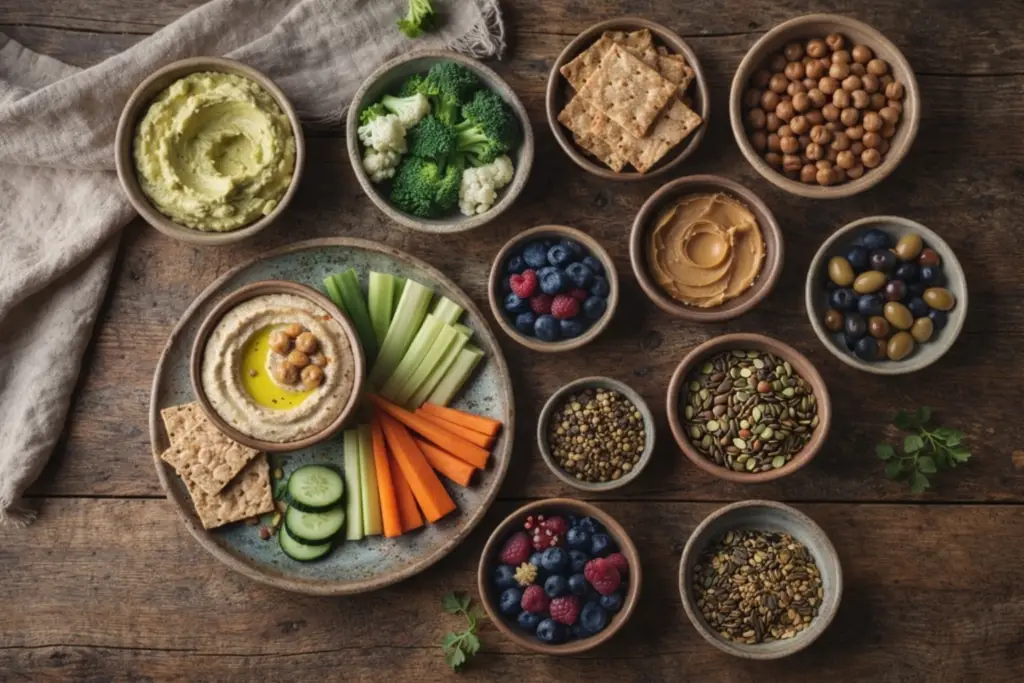 Seleção de lanches e petiscos vegetais com patês, legumes, frutas, grãos e sementes sobre mesa rústica