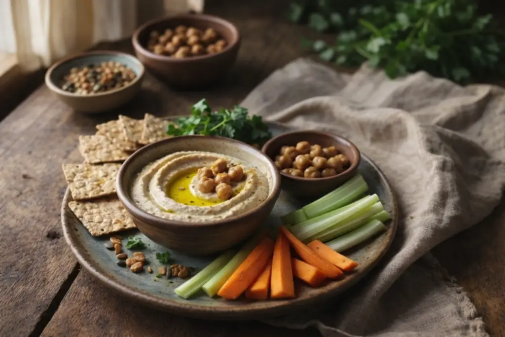 Lanchee petiscos: com homus, legumes frescos e sementes servido em louça rústica com luz natural