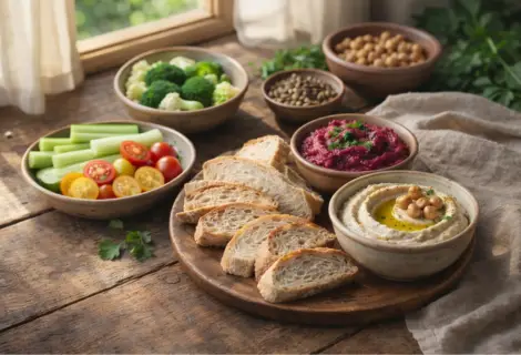 Lanchee e petiscos com pães artesanais, patês vegetais e legumes frescos em mesa rústica iluminada por luz natural
