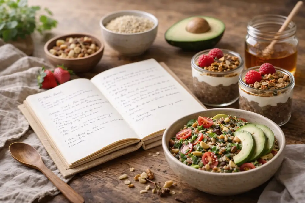 Receitas que nutrem: mesa simples com alimentos naturais representando receitas que nutrem o cotidiano