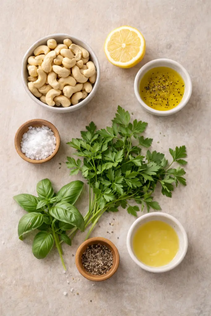 Ingredientes naturais da pasta de castanhas com ervas: castanhas, limão e ervas frescas.