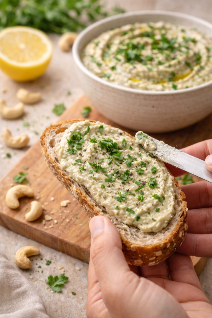 Pasta de castanhas com ervas sendo espalhada sobre pão integral artesanal.