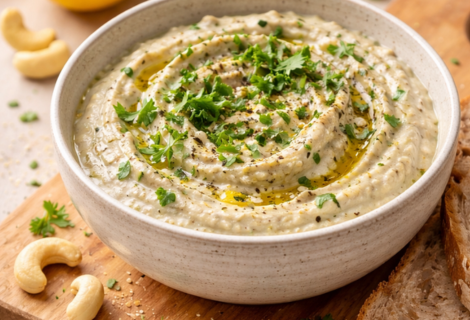 Pasta de castanhas com ervas em pote rústico sobre mesa de madeira.