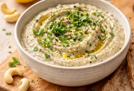 Pasta de castanhas com ervas em pote rústico sobre mesa de madeira.