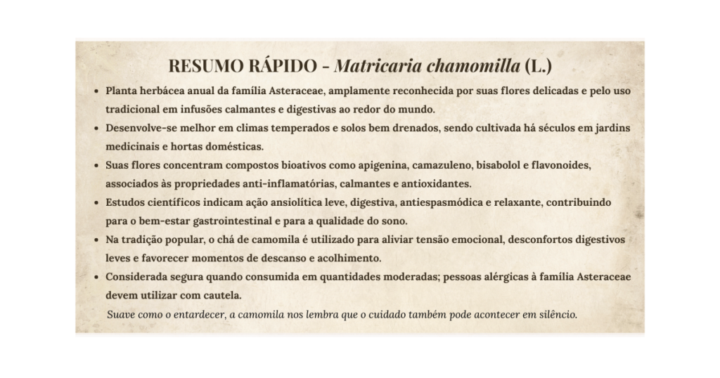 Camomila (Matricaria chamomilla): benefícios, usos e guia completo da planta medicinal | Benverde Resumo rápido da planta medicinal camomila (Matricaria chamomilla) com principais propriedades, usos tradicionais e características botânicas.