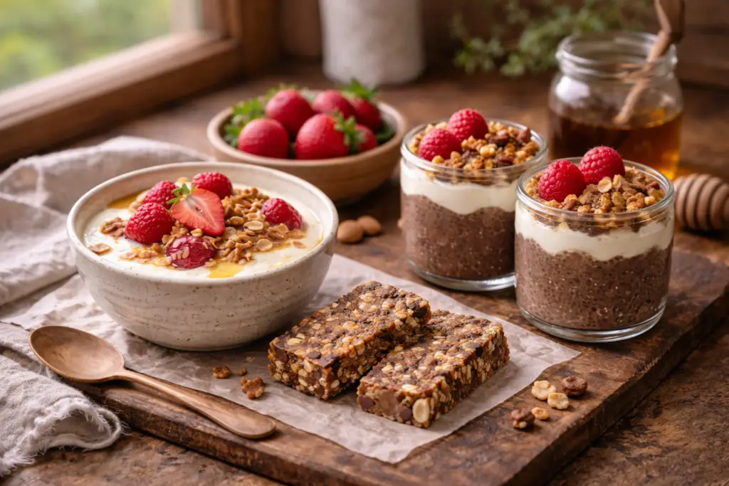 Sobremesas saudáveis com frutas, castanhas e cacau em composição natural sobre mesa rústica