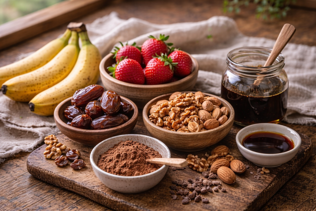 Ingredientes naturais para sobremesas saudáveis como frutas, tâmaras, oleaginosas, cacau e melado