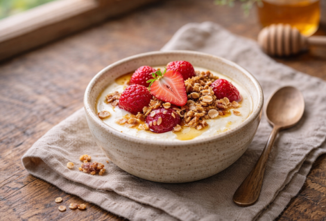 Sobremesas saudáveis com iogurte, frutas vermelhas, granola artesanal e mel servida em bowl de cerâmica