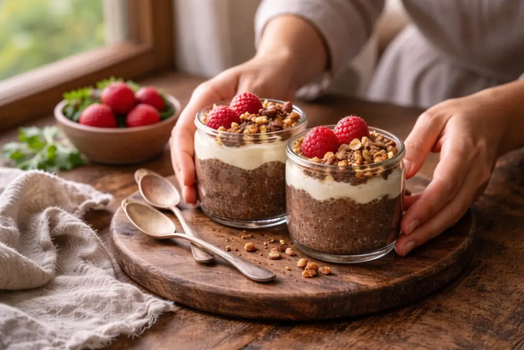 Sobremesas saudáveis servidas em porções individuais com creme, frutas e castanhas em ambiente acolhedor